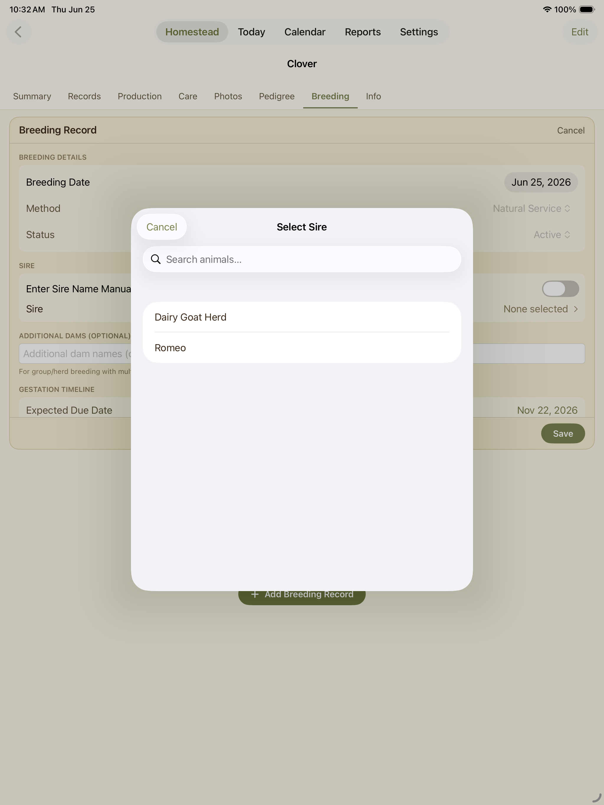 Breeding record sheet with options for breeding type.
